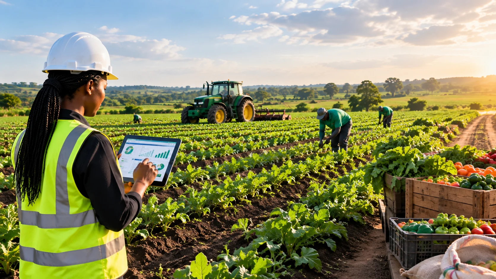 Managed commercial farm with field workers and agricultural equipment