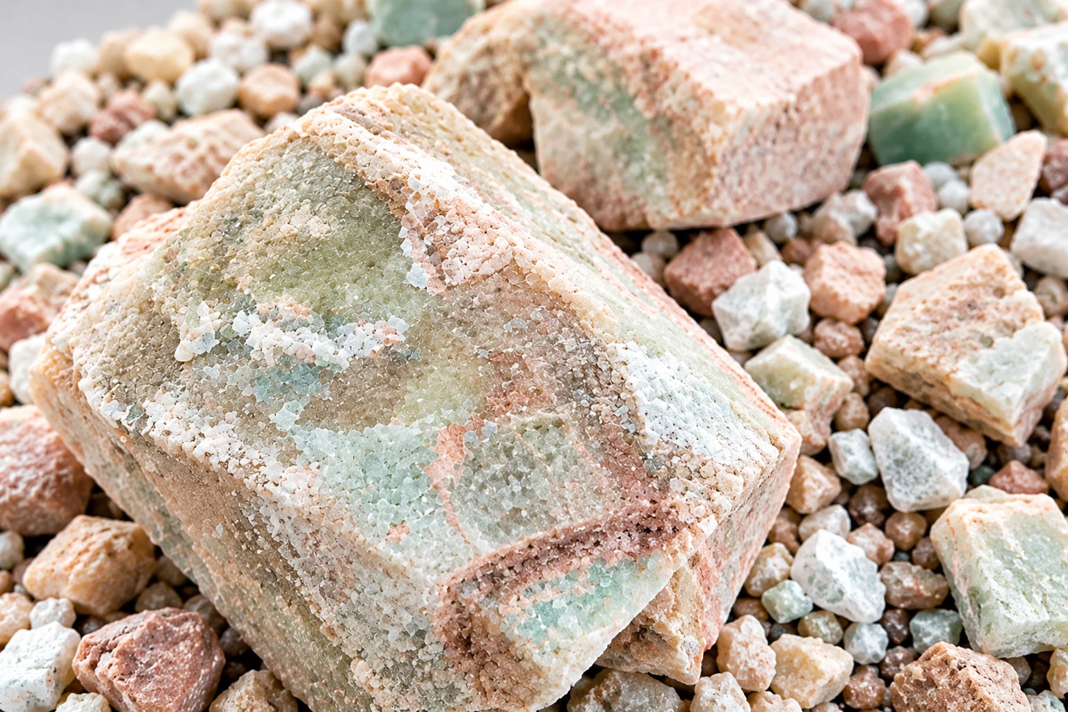 Detailed view of refined green and earth-toned mineral samples