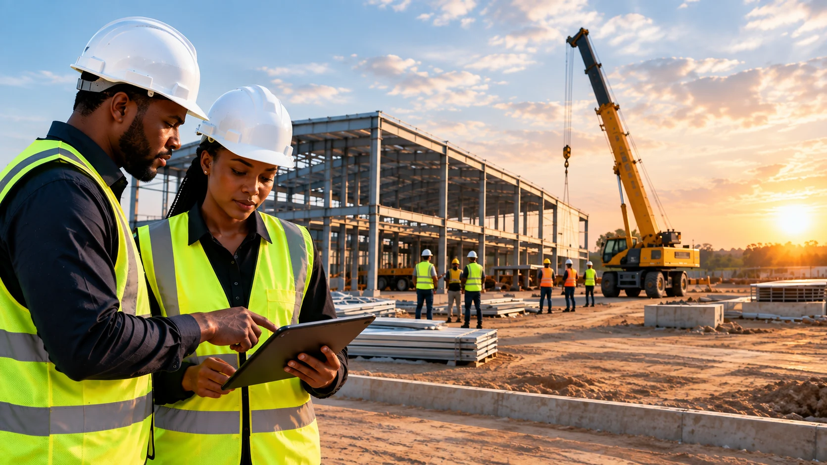Project professionals reviewing plans at an active construction site