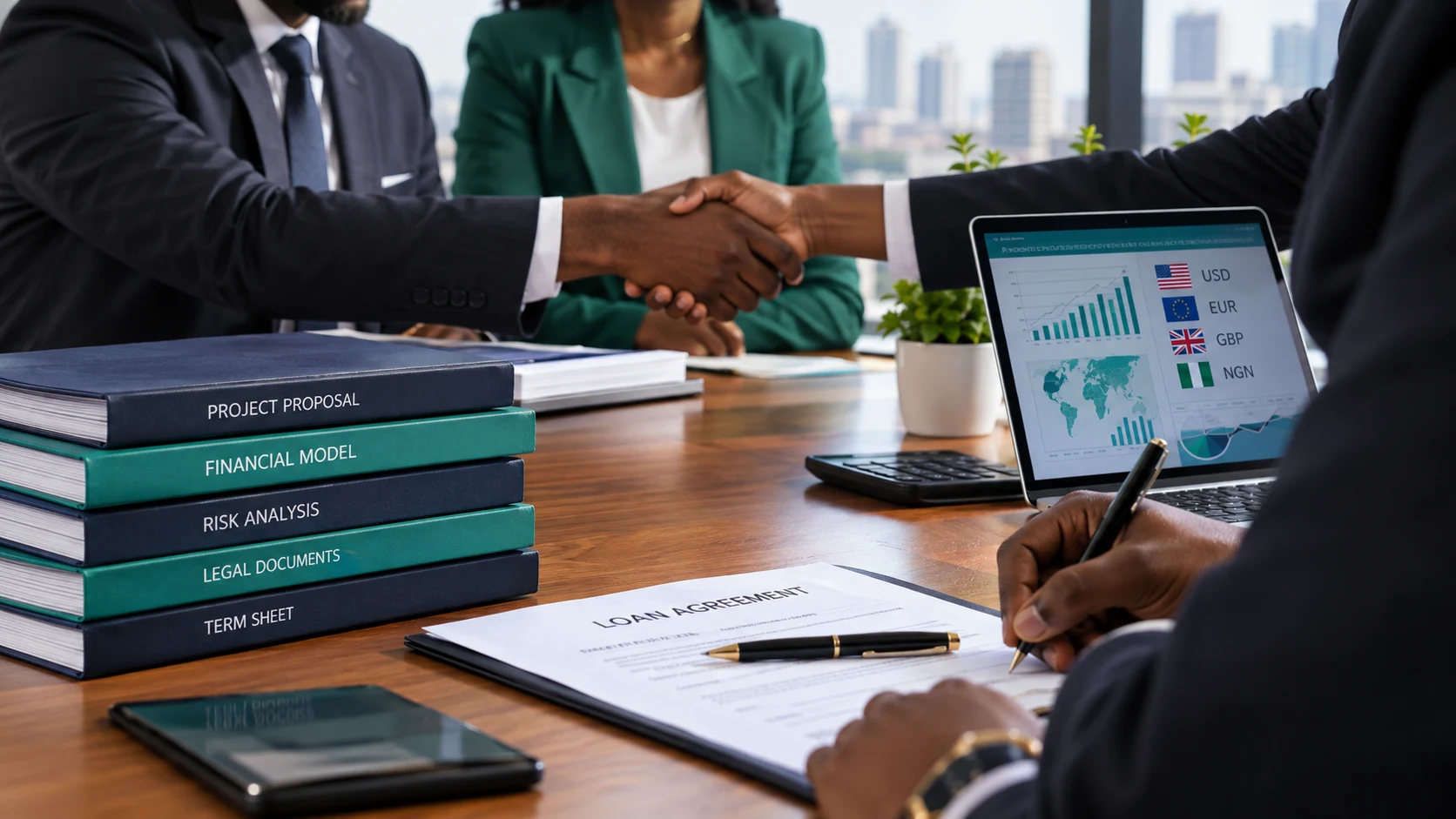 Business leaders concluding a project finance agreement
