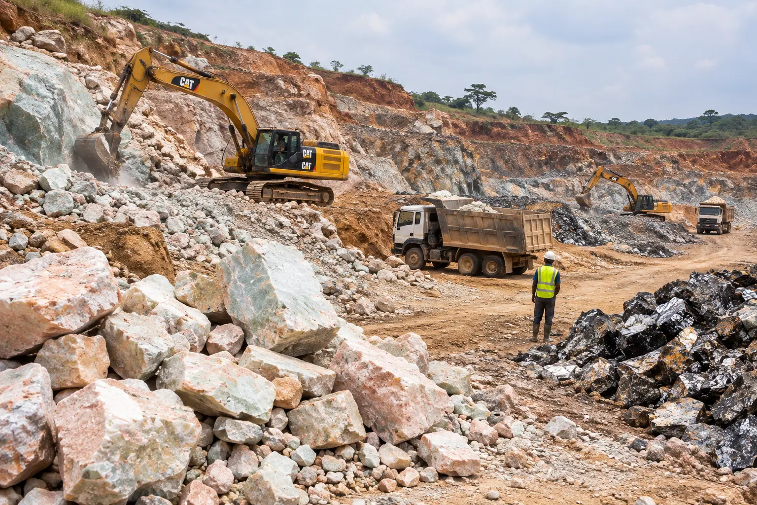 Excavators and haulage trucks working an El-Lacute quarry site